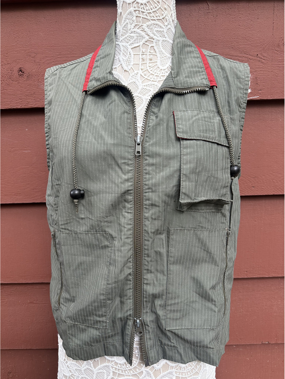 Xhilaration Utility Vest Olive Green Pinstripe Red Trim Y2K Gorpcore